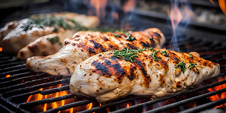 chicken breast sizzling on a grill