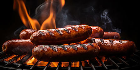 hotdogs sizzling on a grill