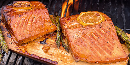 plank cooking salmon on a grill